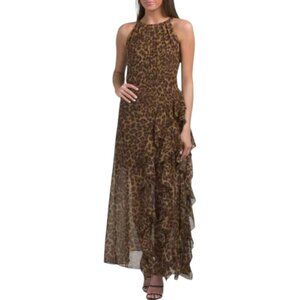 BETSY & ADAM Brown Multi Made In Usa Leopard Ruffle Gown